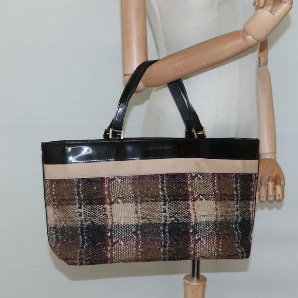 BURBERRY Nova Check Hand Bag Wool Brown Gold black Auth BD1582