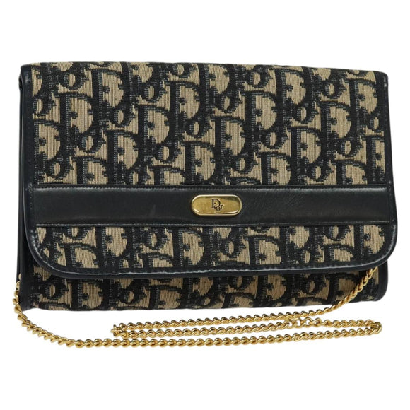 Christian Dior Trotter Canvas Chain Shoulder Bag Navy Gold Auth BD1650