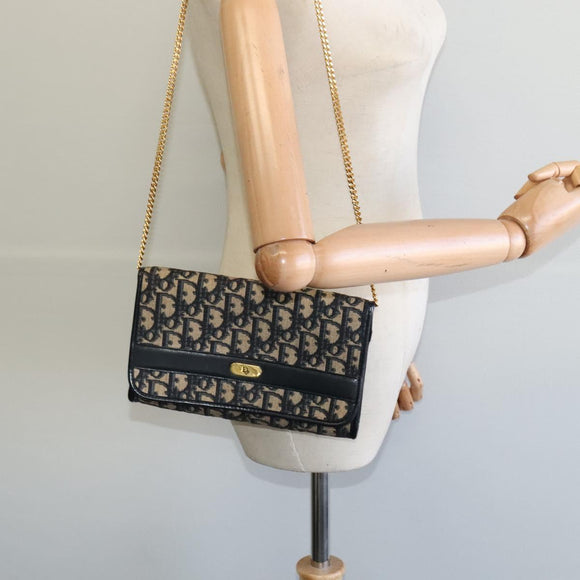 Christian Dior Trotter Canvas Chain Shoulder Bag Navy Gold Auth BD1650
