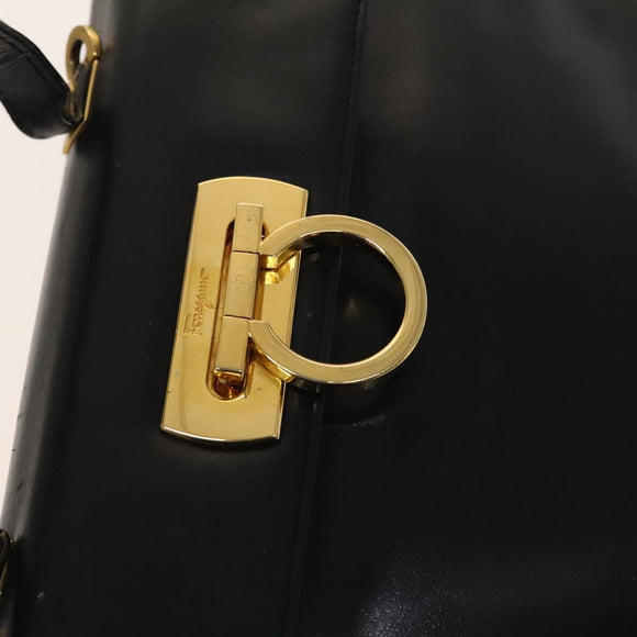 Salvatore Ferragamo Gancini Hand Bag Leather 2way Black Gold Auth BD1703