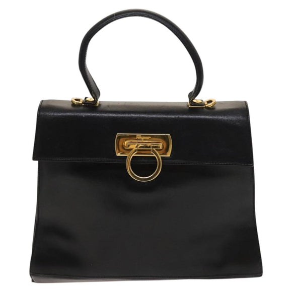 Salvatore Ferragamo Gancini Hand Bag Leather 2way Black Gold Auth BD1703