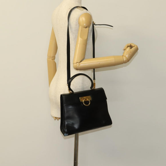 Salvatore Ferragamo Gancini Hand Bag Leather 2way Black Gold Auth BD1703