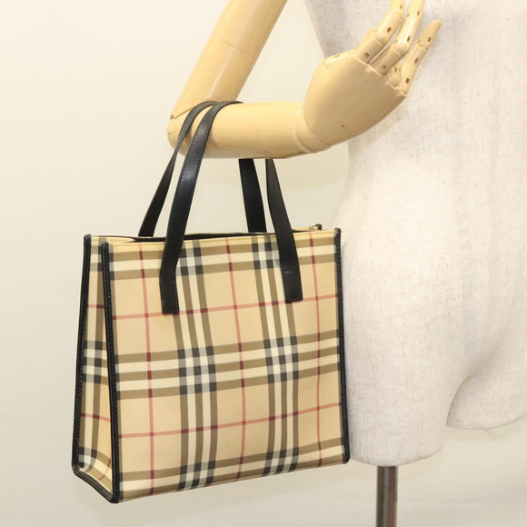 BURBERRY Nova Check Hand Bag PVC Beige Silver black Auth BD1739