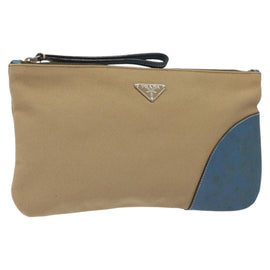 PRADA Clutch Bag Canvas Beige Silver Auth BD1747