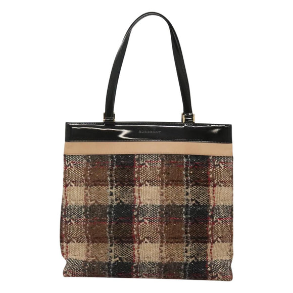 BURBERRY Nova Check Tote Bag Wool Beige Black gold Auth BD1763