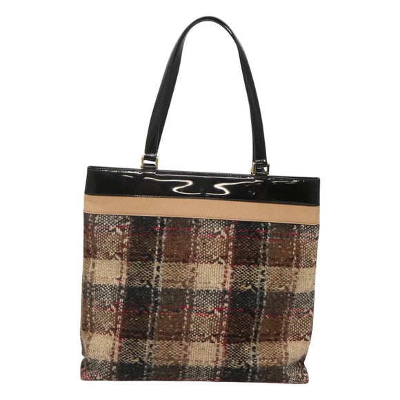 BURBERRY Nova Check Tote Bag Wool Beige Black gold Auth BD1763