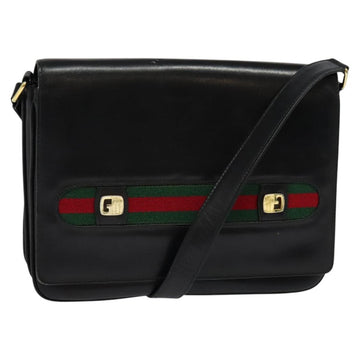 GUCCI Web Sherry Line Shoulder Bag Leather Black Gold Auth BD1766