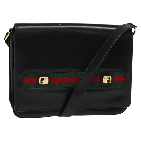 GUCCI Web Sherry Line Shoulder Bag Leather Black Gold Auth BD1766