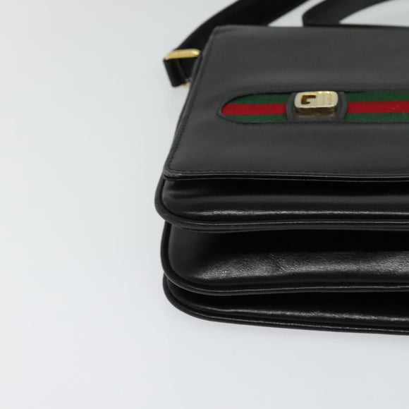 GUCCI Web Sherry Line Shoulder Bag Leather Black Gold Auth BD1766