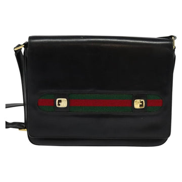 GUCCI Web Sherry Line Shoulder Bag Leather Black Gold Auth BD1766 - 0
