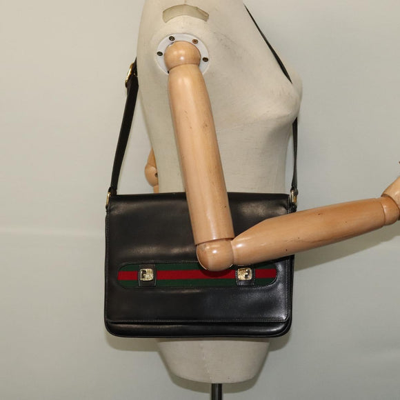 GUCCI Web Sherry Line Shoulder Bag Leather Black Gold Auth BD1766