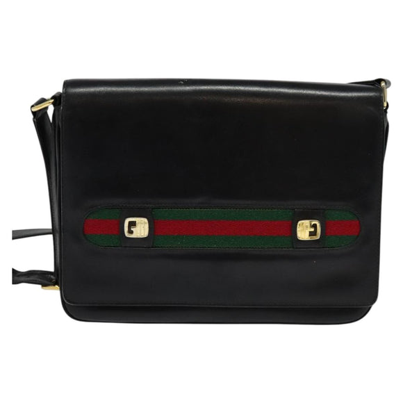 GUCCI Web Sherry Line Shoulder Bag Leather Black Gold Auth BD1766