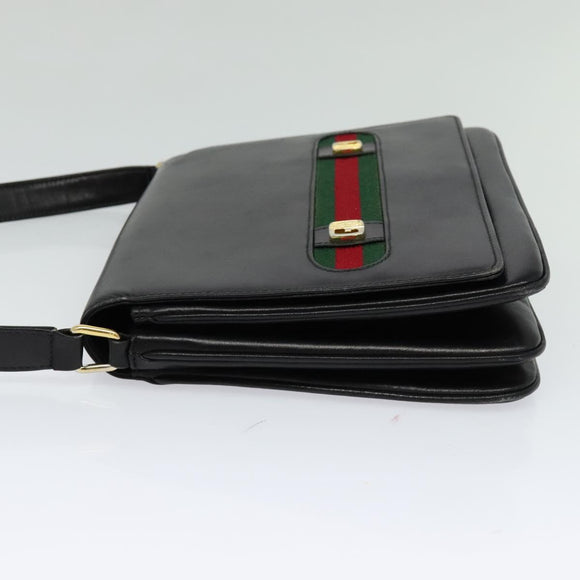 GUCCI Web Sherry Line Shoulder Bag Leather Black Gold Auth BD1766