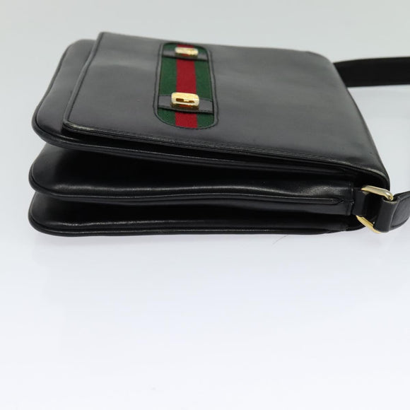 GUCCI Web Sherry Line Shoulder Bag Leather Black Gold Auth BD1766