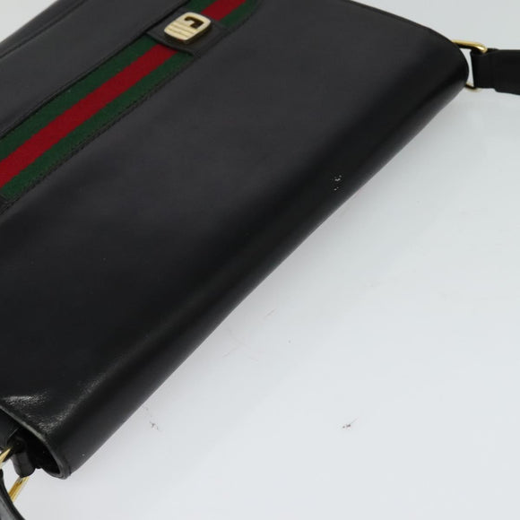 GUCCI Web Sherry Line Shoulder Bag Leather Black Gold Auth BD1766