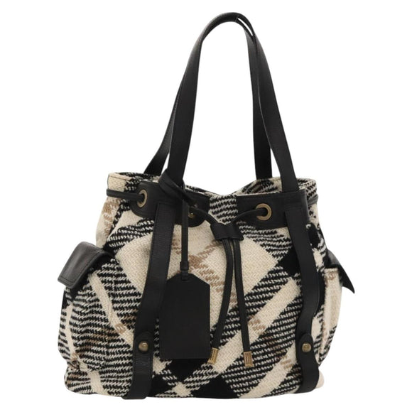 BURBERRY Nova Check Blue Label Tote Bag Wool White Gold Auth BD1813
