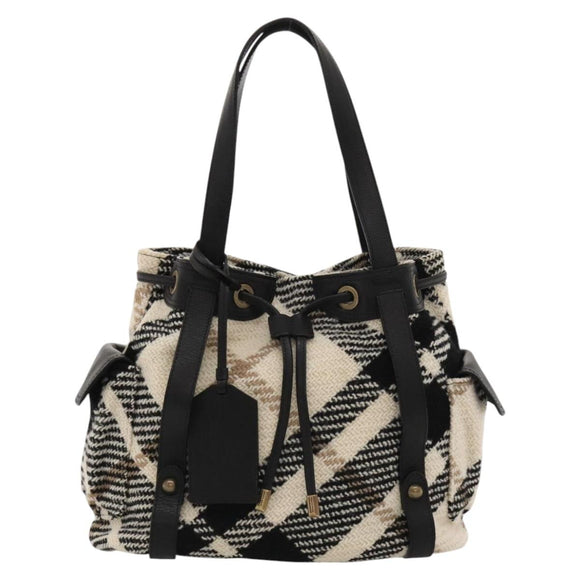 BURBERRY Nova Check Blue Label Tote Bag Wool White Gold Auth BD1813