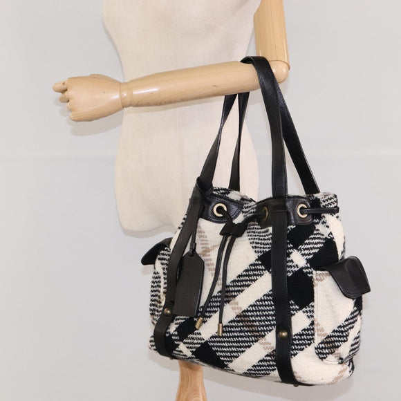 BURBERRY Nova Check Blue Label Tote Bag Wool White Gold Auth BD1813