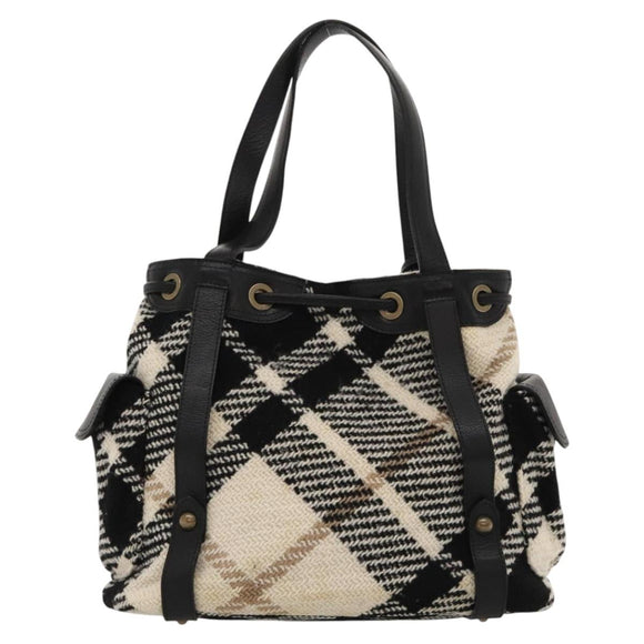 BURBERRY Nova Check Blue Label Tote Bag Wool White Gold Auth BD1813