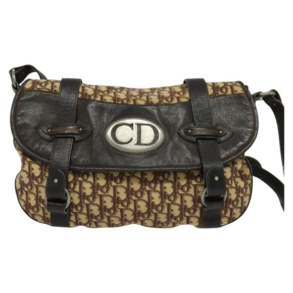 Christian Dior Trotter Canvas Shoulder Bag Brown Silver Auth BD1964