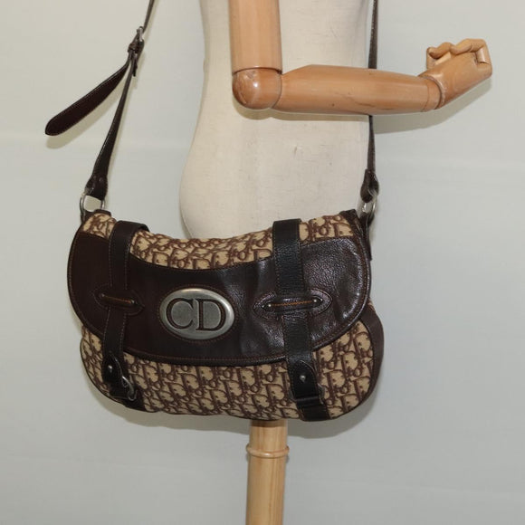Christian Dior Trotter Canvas Shoulder Bag Brown Silver Auth BD1964