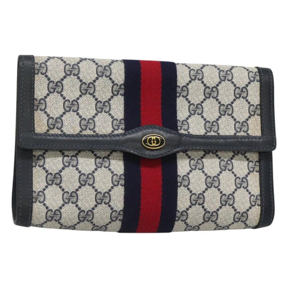 GUCCI GG Supreme Sherry Line Clutch Bag PVC Navy Gold 41 014 3087 25 Auth BD1980