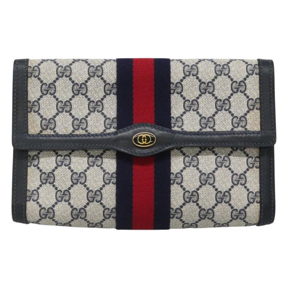 GUCCI GG Supreme Sherry Line Clutch Bag PVC Navy Gold 41 014 3087 25 Auth BD1980