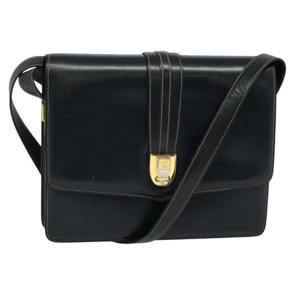 GUCCI Shoulder Bag Leather Navy Gold Auth BD2006