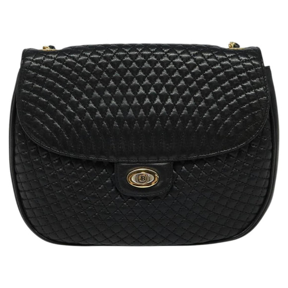 BALLY Quilted Chain Shoulder Bag Leather Black Gold Auth BD2017
