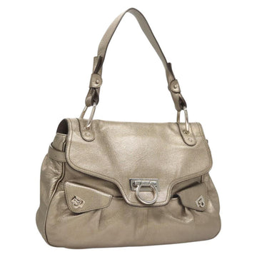 Salvatore Ferragamo Gancini Bag Leather Champagne Gold Silver Auth BD2047