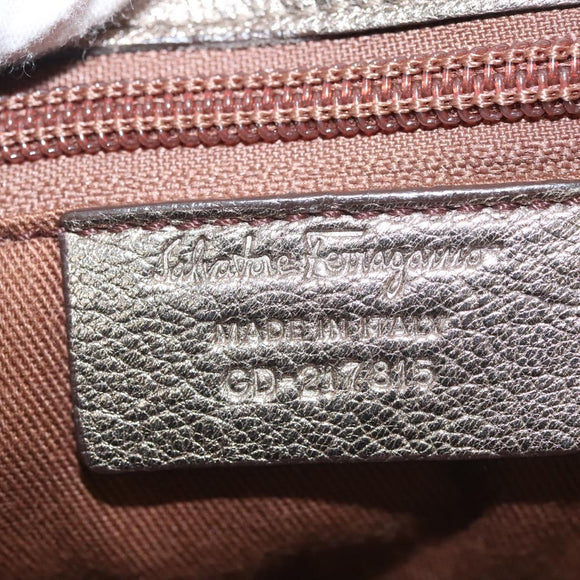 Salvatore Ferragamo Gancini Bag Leather Champagne Gold Silver Auth BD2047