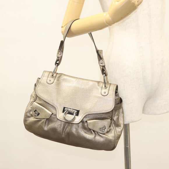Salvatore Ferragamo Gancini Bag Leather Champagne Gold Silver Auth BD2047