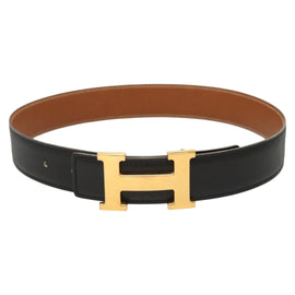 HERMES Constance Belt Leather 22.8""-24.8"" Black Gold Auth BD2074 - 0