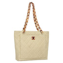 CHANEL Matelasse Chain Tote Bag Lamb Skin Beige CC Auth BD2075-1
