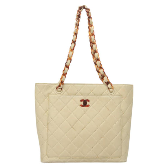 CHANEL Matelasse Chain Tote Bag Lamb Skin Beige CC Auth BD2075