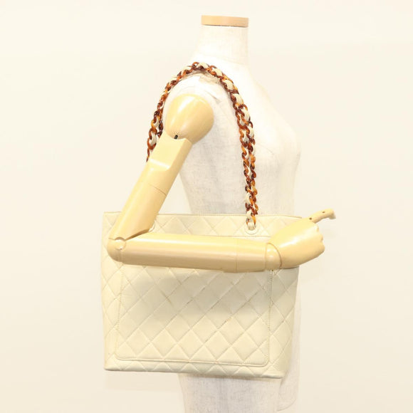 CHANEL Matelasse Chain Tote Bag Lamb Skin Beige CC Auth BD2075