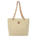 CHANEL Matelasse Chain Tote Bag Lamb Skin Beige CC Auth BD2075-13