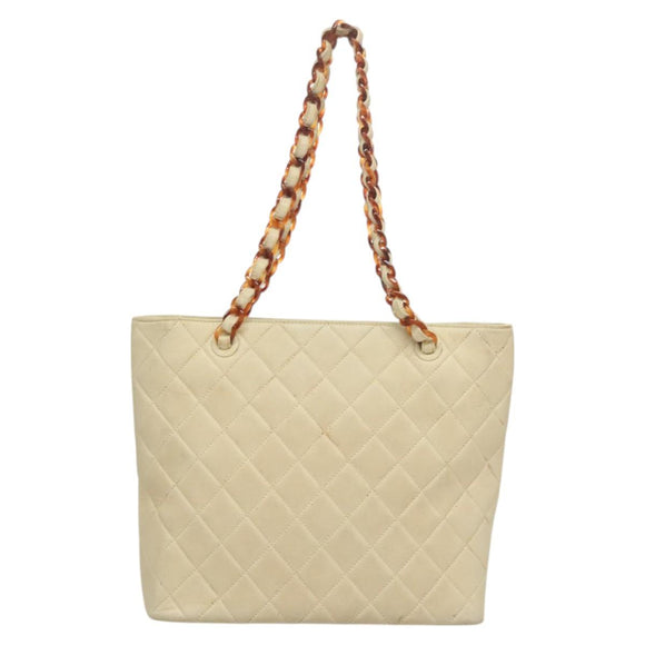 CHANEL Matelasse Chain Tote Bag Lamb Skin Beige CC Auth BD2075