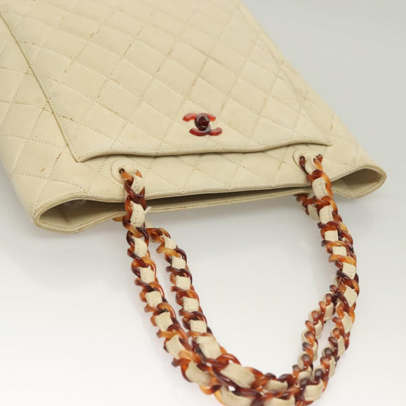 CHANEL Matelasse Chain Tote Bag Lamb Skin Beige CC Auth BD2075