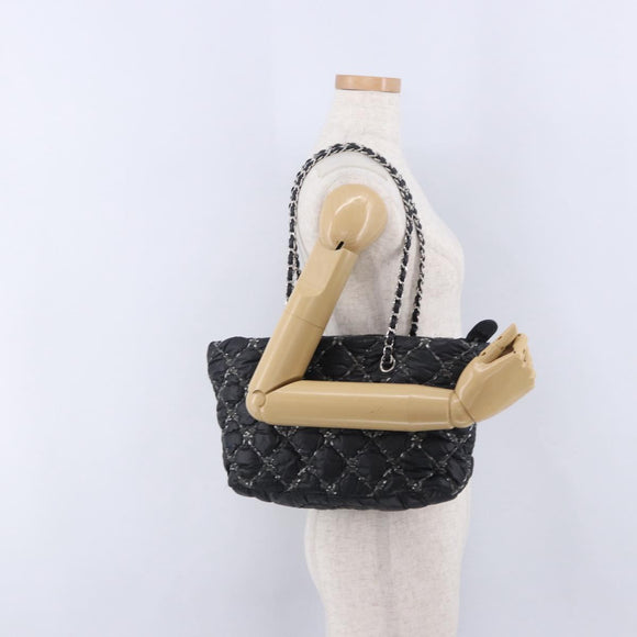 CHANEL Kette Paris Byzantine Schultertasche Nylon Schwarz Silber CC Auth BD2076