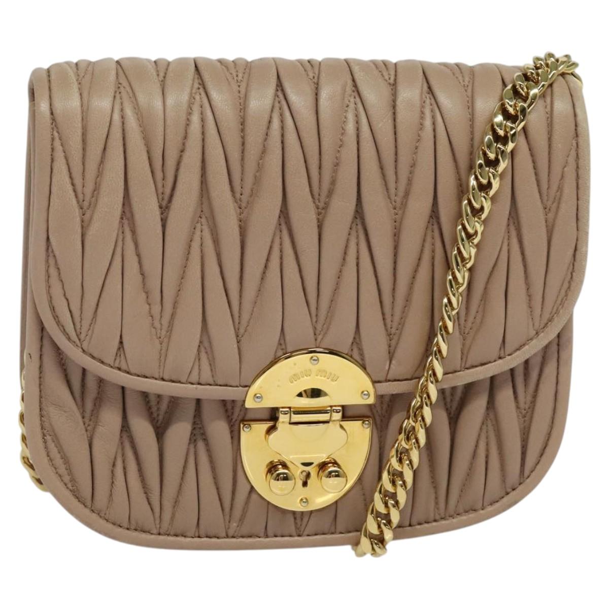 Miu Miu Matelasse Chain Shoulder Bag Leather Beige Gold Auth