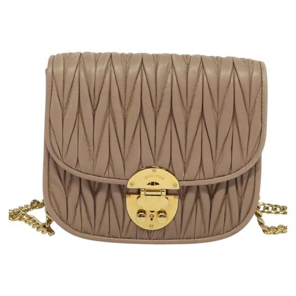 Miu Miu Matelasse Chain Shoulder Bag Leather Beige Gold Auth BD2077