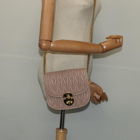 Miu Miu Matelasse Chain Shoulder Bag Leather Beige Gold Auth BD2077