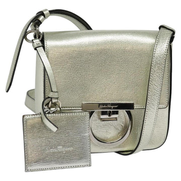 Salvatore Ferragamo Gancini Bag Leather Champagne Gold Silver Auth BD2119