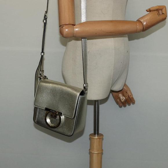Salvatore Ferragamo Gancini Bag Leather Champagne Gold Silver Auth BD2119