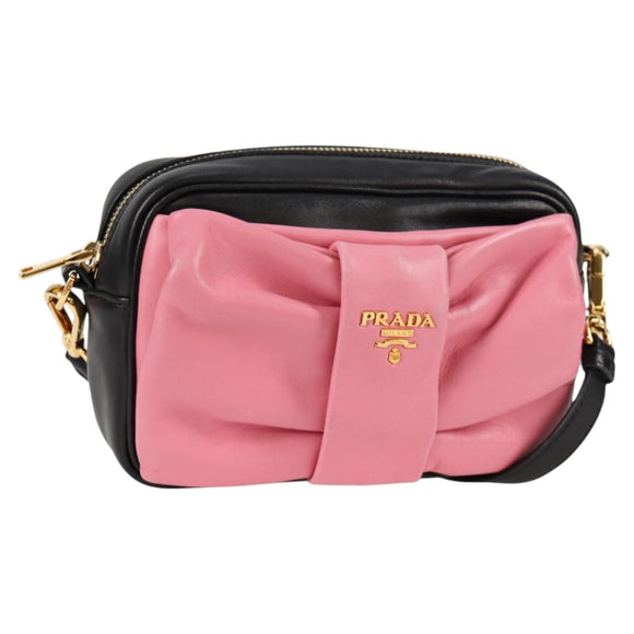 PRADA Ribbon Shoulder Bag Leather Black Gold Auth BD2127V