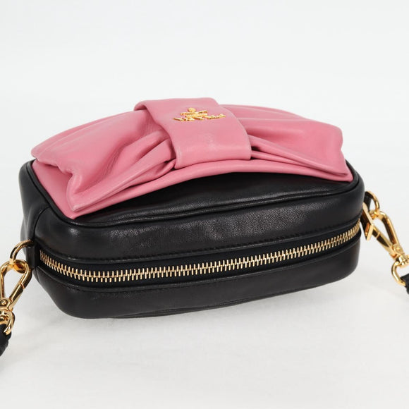 PRADA Ribbon Shoulder Bag Leather Black Gold Auth BD2127V