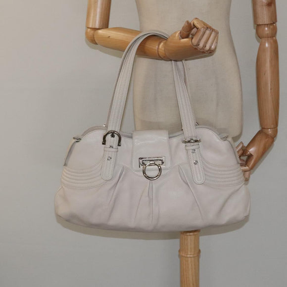 Salvatore Ferragamo Gancini Shoulder Bag Leather White Silver Auth BD2130