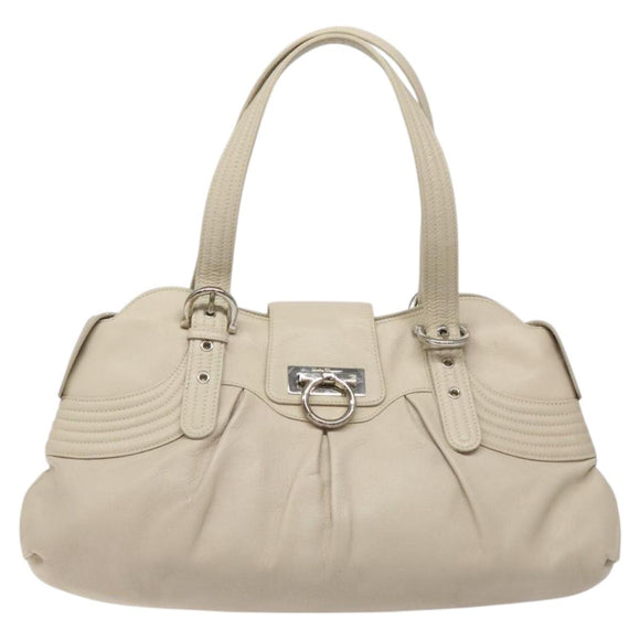 Salvatore Ferragamo Gancini Shoulder Bag Leather White Silver Auth BD2130