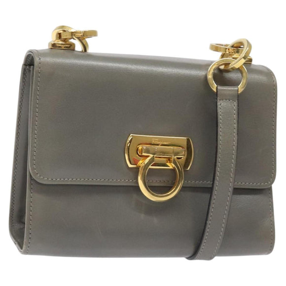 Salvatore Ferragamo Shoulder Bag Leather Gray Gold Auth BD2145